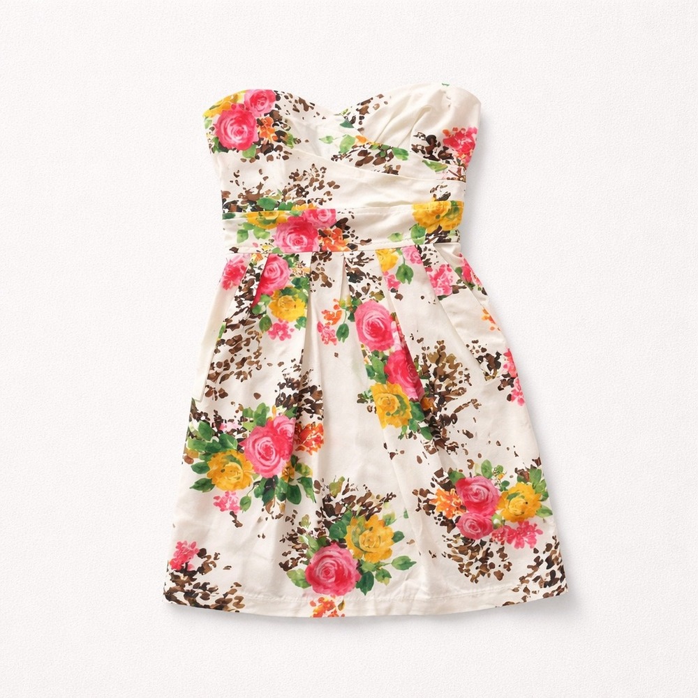 Floral Animal Print Strapless Sweetheart Dress White Pink‎ Sz 9 Summer Wedding